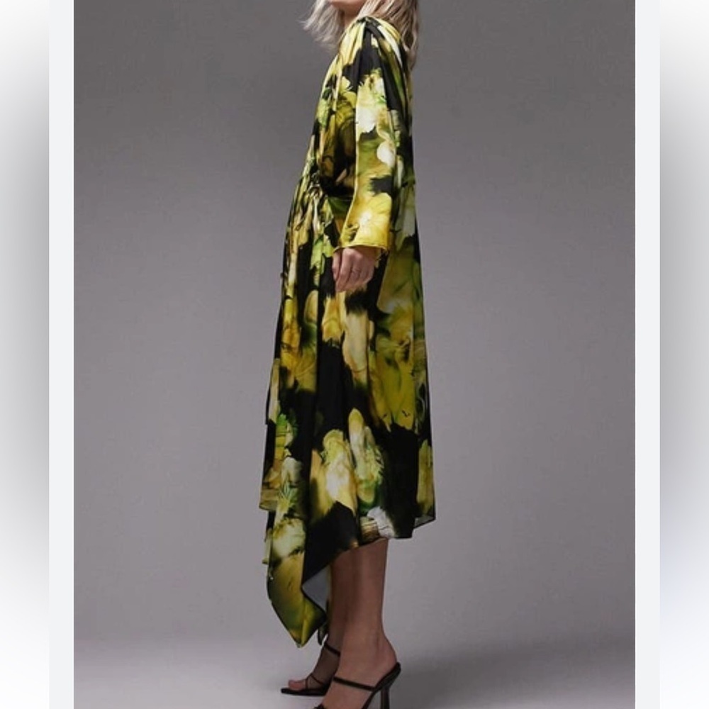 Topshop watercolor floral gathered long sleeve shift dress women’s large 8-12